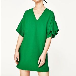 ZARA Green ruffle sleeve dress